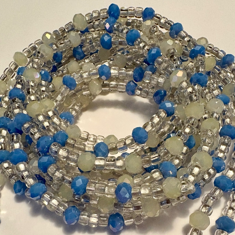 “SKIIES” Blue and Silver Waistbeads Tie on 2nd Stage Intermediate up to 50 in